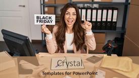  Presentation with friday - Slide set with young-brunette-woman-holding-black background and a coral colored foreground