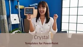  Presentation with new home - Presentation theme consisting of young-brunette-woman-holding-blackboard background and a  colored foreground