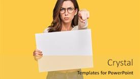  Presentation with blank - PPT theme with young-brunette-woman-holding-blank background and a yellow colored foreground