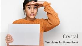  Presentation with blank - Slide deck consisting of young-brunette-woman-holding-blank background and a  colored foreground