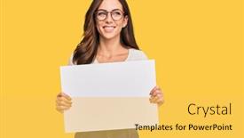  Presentation with blank - Theme consisting of young-brunette-woman-holding-blank background and a yellow colored foreground