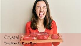  Presentation with airport boarding board - Beautiful slide deck featuring young-brunette-woman-holding-board backdrop and a red colored foreground