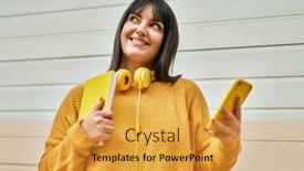  Presentation with book - PPT theme with young-brunette-woman-holding-book background and a  colored foreground