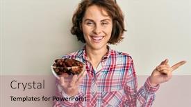  Presentation with bowl - Colorful presentation theme enhanced with young-brunette-woman-holding-bowl backdrop and a coral colored foreground