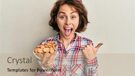  Presentation with salty - Presentation theme having young-brunette-woman-holding-bowl background and a coral colored foreground