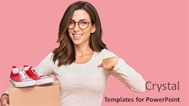  Presentation with box - Amazing PPT layouts having young-brunette-woman-holding-box backdrop and a coral colored foreground