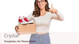  Presentation with box - Beautiful presentation design featuring young-brunette-woman-holding-box backdrop and a sky blue colored foreground