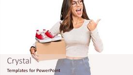  Presentation with box - PPT theme consisting of young-brunette-woman-holding-box background and a lemonade colored foreground