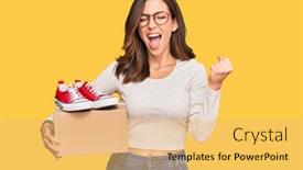  Presentation with victory - Presentation theme featuring young-brunette-woman-holding-box background and a yellow colored foreground