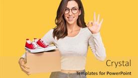  Presentation with box - Theme featuring young-brunette-woman-holding-box background and a yellow colored foreground