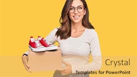  Presentation with box - Slide deck enhanced with young-brunette-woman-holding-box background and a yellow colored foreground