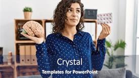  Presentation with thinking brain - Presentation theme featuring young-brunette-woman-holding-brain background and a navy blue colored foreground