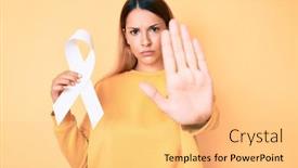  Presentation with cancer - Presentation design featuring young-brunette-woman-holding-cancer background and a yellow colored foreground
