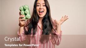  Presentation with winner cup - PPT theme having young-brunette-woman-holding-cardboard background and a coral colored foreground