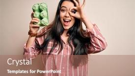  Presentation with cardboard - PPT layouts consisting of young-brunette-woman-holding-cardboard background and a coral colored foreground