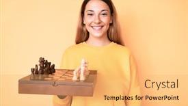 Presentation with chess board - PPT layouts enhanced with young-brunette-woman-holding-chess background and a yellow colored foreground