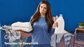  Presentation with laundry detergent - Slide deck having young-brunette-woman-holding-clean background and a ocean colored foreground