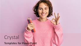  Presentation with colored pencils - Slide deck enhanced with young-brunette-woman-holding-colored background and a  colored foreground