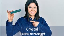  Presentation with computer - PPT theme consisting of young-brunette-woman-holding-computer background and a ocean colored foreground