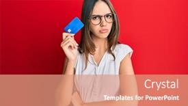  Presentation with credit card - Cool new presentation theme with young-brunette-woman-holding-credit backdrop and a coral colored foreground