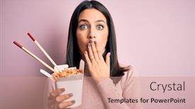  Presentation with yellow paper - Slide set enhanced with young-brunette-woman-holding-delivery background and a coral colored foreground