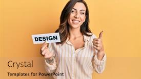  Presentation with design - Audience pleasing slide deck consisting of young-brunette-woman-holding-design backdrop and a coral colored foreground