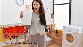  Presentation with laundry room - PPT theme consisting of young-brunette-woman-holding-detergent background and a coral colored foreground