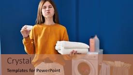  Presentation with clean air - Slide set enhanced with young-brunette-woman-holding-detergent background and a coral colored foreground