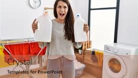  Presentation with laundry detergent - PPT theme featuring young-brunette-woman-holding-detergent background and a  colored foreground