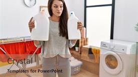  Presentation with laundry detergent - Slide set with young-brunette-woman-holding-detergent background and a  colored foreground