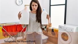  Presentation with laundry detergent - Slides with young-brunette-woman-holding-detergent background and a  colored foreground