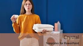  Presentation with laundry detergent - PPT theme enhanced with young-brunette-woman-holding-detergent background and a coral colored foreground