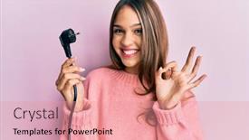  Presentation with electric - Cool new slide deck with young-brunette-woman-holding-electric backdrop and a coral colored foreground