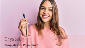  Presentation with ethernet - Beautiful PPT theme featuring young-brunette-woman-holding-ethernet backdrop and a coral colored foreground