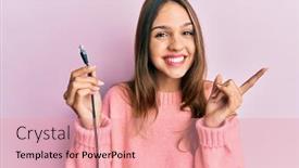  Presentation with ethernet - Presentation design consisting of young-brunette-woman-holding-ethernet background and a coral colored foreground