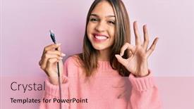  Presentation with ethernet - PPT theme having young-brunette-woman-holding-ethernet background and a coral colored foreground