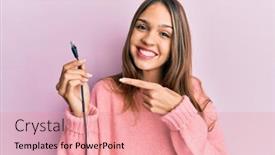  Presentation with ethernet - Cool new PPT layouts with young-brunette-woman-holding-ethernet backdrop and a coral colored foreground