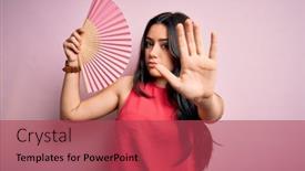  Presentation with defense - Colorful presentation theme enhanced with young-brunette-woman-holding-hand backdrop and a red colored foreground
