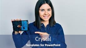  Presentation with finger - Presentation theme enhanced with young-brunette-woman-holding-hdd background and a ocean colored foreground