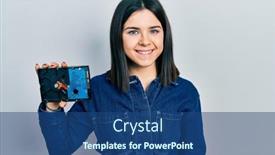  Presentation with teeth - PPT theme with young-brunette-woman-holding-hdd background and a ocean colored foreground