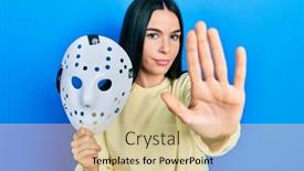  Presentation with hockey - PPT theme consisting of young-brunette-woman-holding-hockey background and a soft green colored foreground