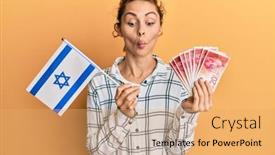  Presentation with israel flag - Slide deck with young-brunette-woman-holding-israel background and a yellow colored foreground