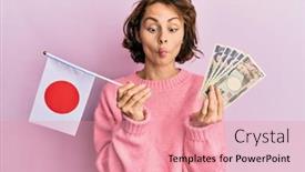  Presentation with japan flag - Slide deck featuring young-brunette-woman-holding-japan background and a coral colored foreground