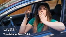  Presentation with car key - PPT theme enhanced with young-brunette-woman-holding-key background and a  colored foreground