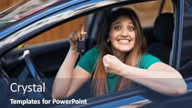  Presentation with car key - Slide set enhanced with young-brunette-woman-holding-key background and a  colored foreground