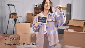  Presentation with new home - PPT layouts enhanced with young-brunette-woman-holding-keys background and a  colored foreground
