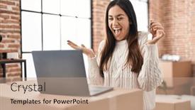  Presentation with achievement - PPT layouts with young-brunette-woman-holding-keys background and a coral colored foreground