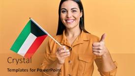  Presentation with kuwait - Beautiful presentation theme featuring young-brunette-woman-holding-kuwait backdrop and a gold colored foreground