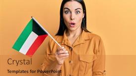  Presentation with kuwait - Audience pleasing presentation theme consisting of young-brunette-woman-holding-kuwait backdrop and a gold colored foreground