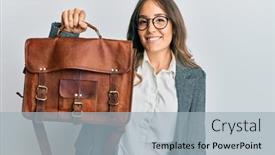  Presentation with leather bag - Amazing presentation theme having young-brunette-woman-holding-leather backdrop and a light gray colored foreground